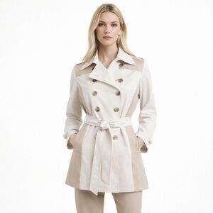 DKNY Women’s White & Tan Colorblock Belted Trench Coat – Size Large – NWOT